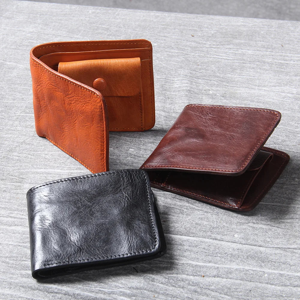 Close-up of the coin pouch within a men's bifold leather wallet, secure and accessible.
