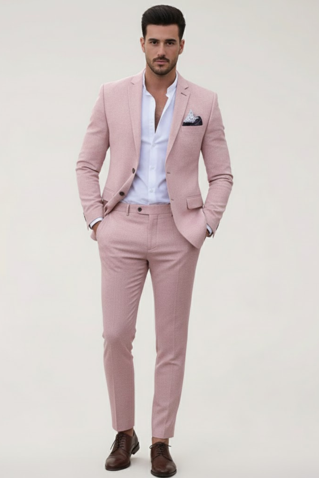 Modern men's pink slim fit two-piece suit with blazer & trousers. Tailored fashion for wedding guests or business attire.