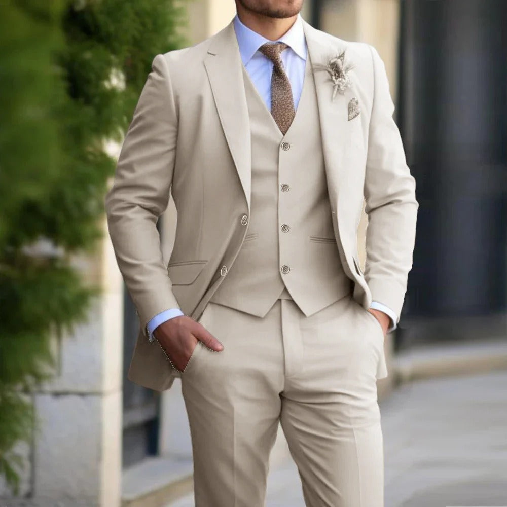 Men's slim fit 3-piece formal suit in classic black, perfect for business, weddings, and formal events.