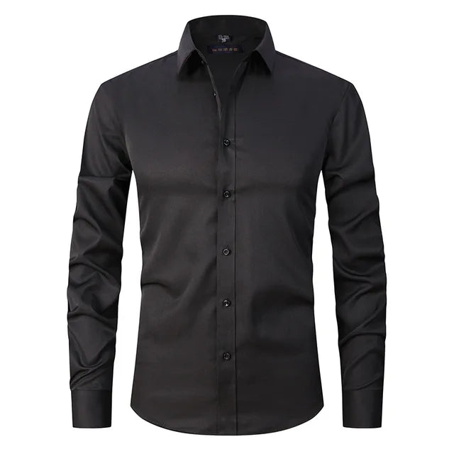 Sleeve and cuff detail of a men's collared slim-fit long-sleeve dress shirt.