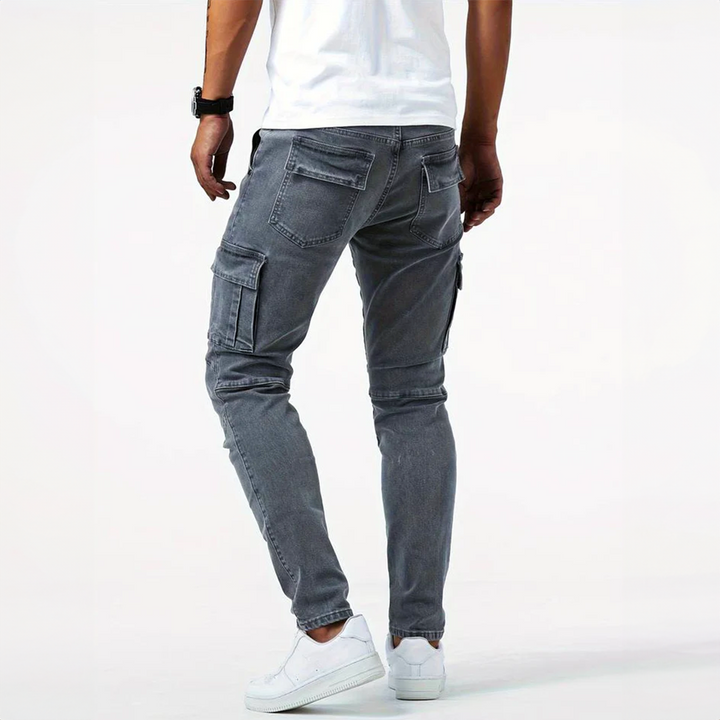 Model shot: Men's slim fit cargo pants, highlighting the flattering cut & practical side utility pockets.