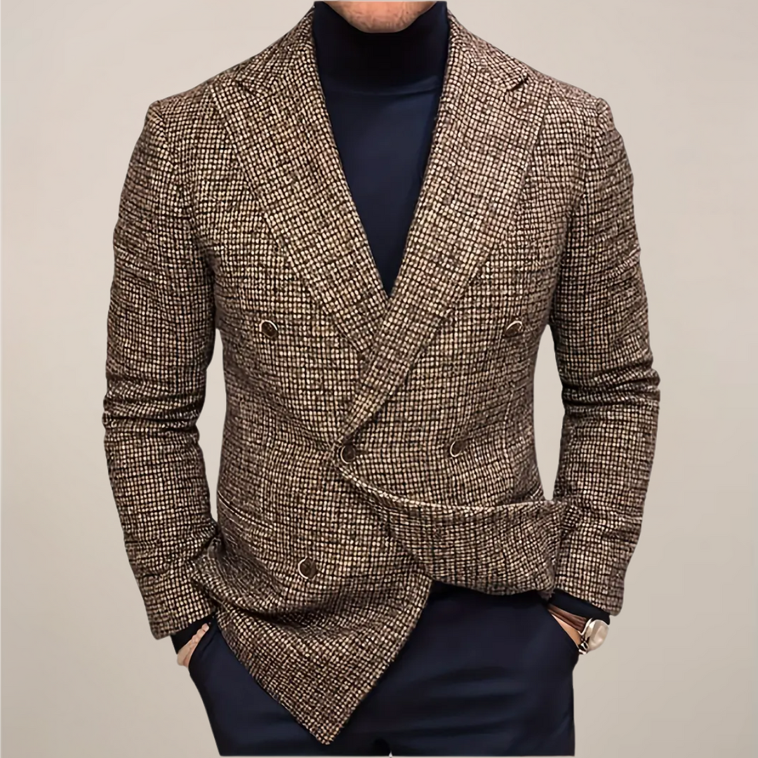 Stylish men's slim fit check blazer, a tailored jacket perfect for smart casual and formal menswear.