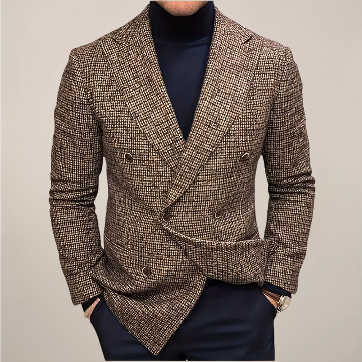 Stylish men's slim fit check blazer, a tailored jacket perfect for smart casual and formal menswear.