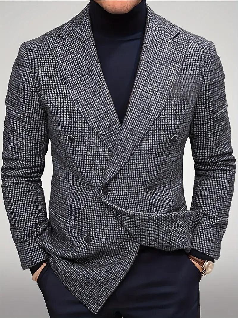 Spring/autumn men's slim fit check blazer. Sophisticated double-breasted jacket for smart casual events.