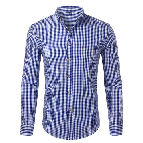Slim fit men's long sleeve checkered button down shirt, modern and sharp for a fashionable appearance.