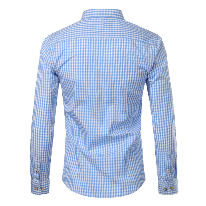 Modern men's slim fit checkered shirt, long sleeve button down, versatile for stylish everyday fashion.