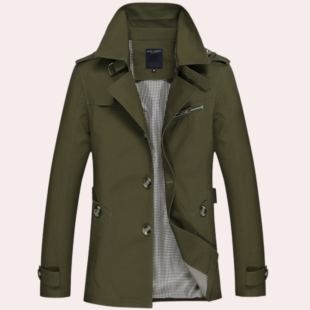 Stylish men's double-breasted trench coat, slim fit, perfect as formal outerwear