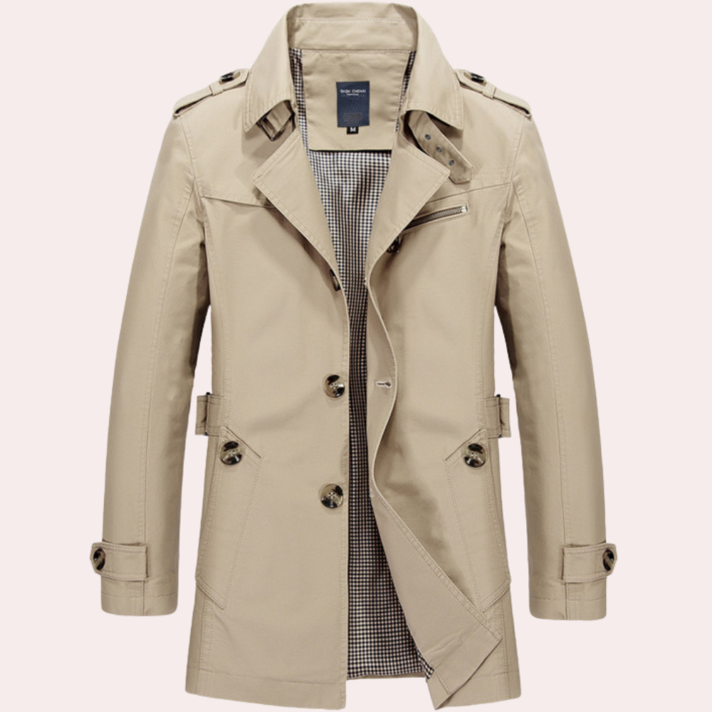 Khaki men's slim fit trench coat, double-breasted design, ideal for fall fashion