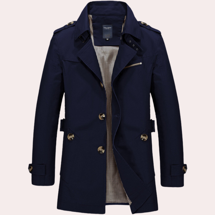 Formal men's double-breasted trench coat in a flattering slim fit, ideal for cold weather