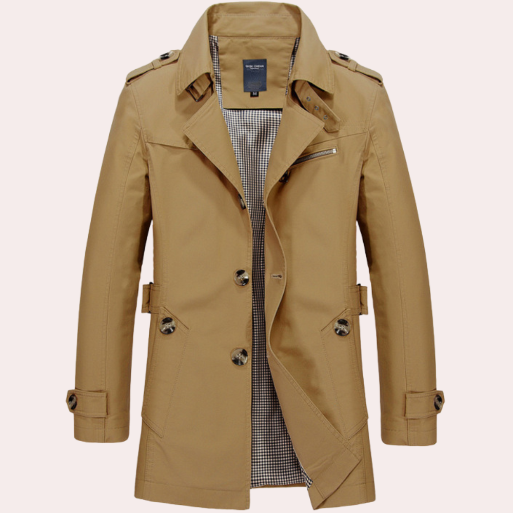 Elegant men's slim fit khaki trench coat, double-breasted style for refined outerwear