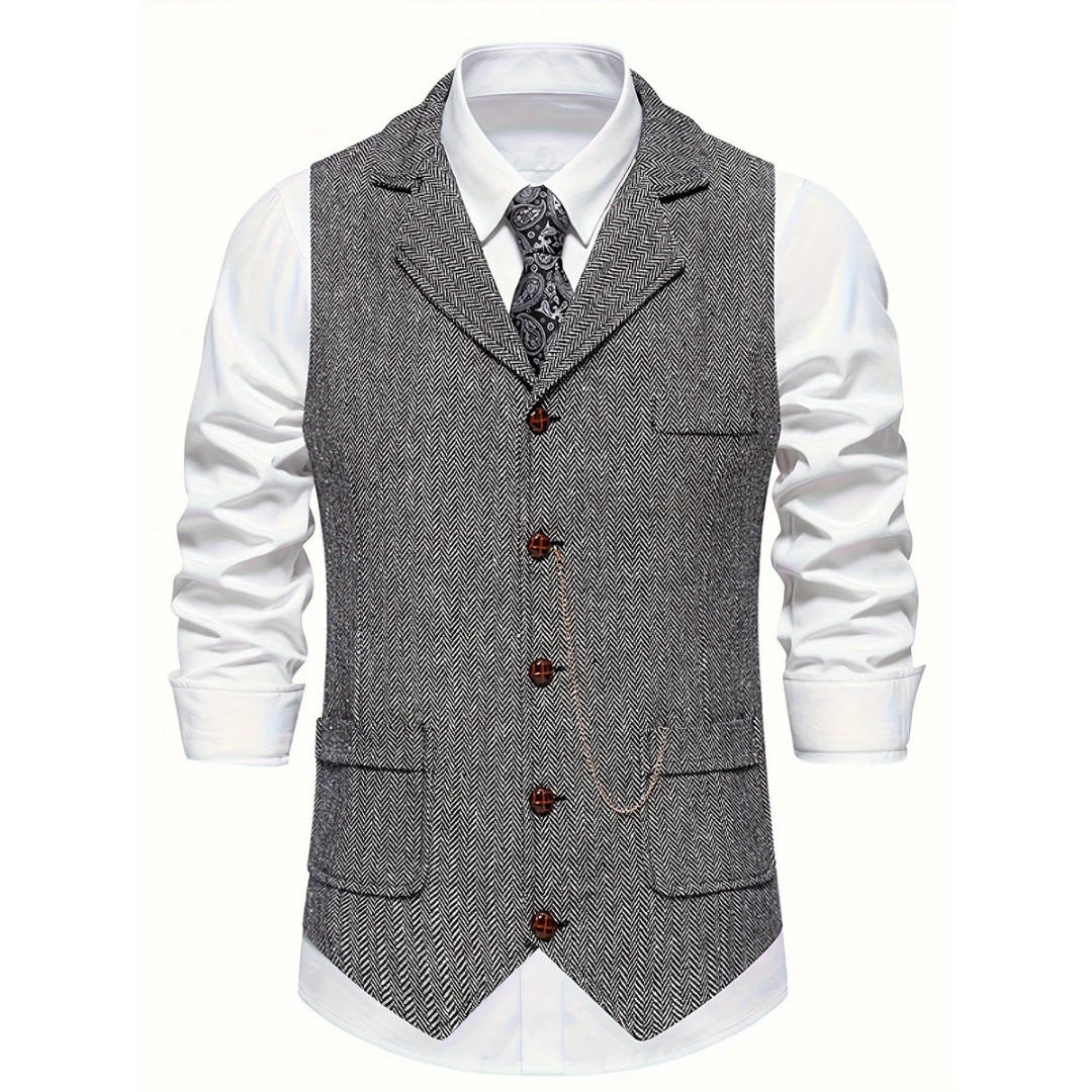 Sophisticated men's slim fit herringbone textured waistcoat. Tailored classic style, perfect for formal wear.