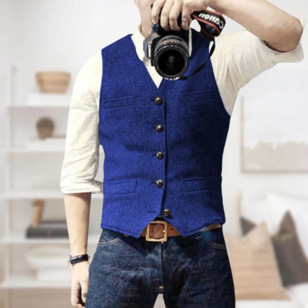 Men's fashion slim fit herringbone tweed waistcoat. A sophisticated layering piece for formal and business wear.