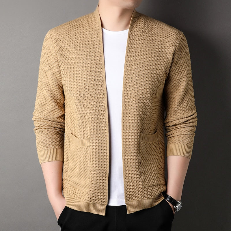 Men's slim fit knitted cardigan with pockets, a versatile layering piece for casual wear.