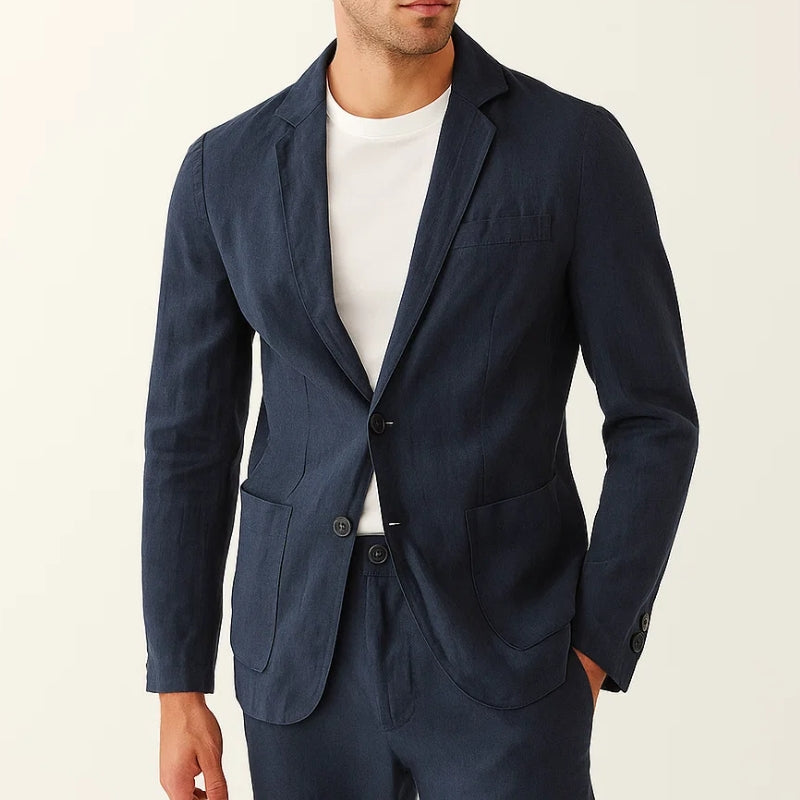 Men's slim fit linen blend two-piece suit in a neutral color, perfect for summer formal wear.