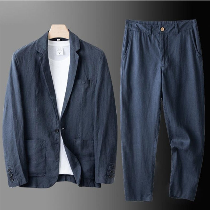 Breathable men's linen suit set, featuring a blazer and trousers, ideal for casual or formal events.