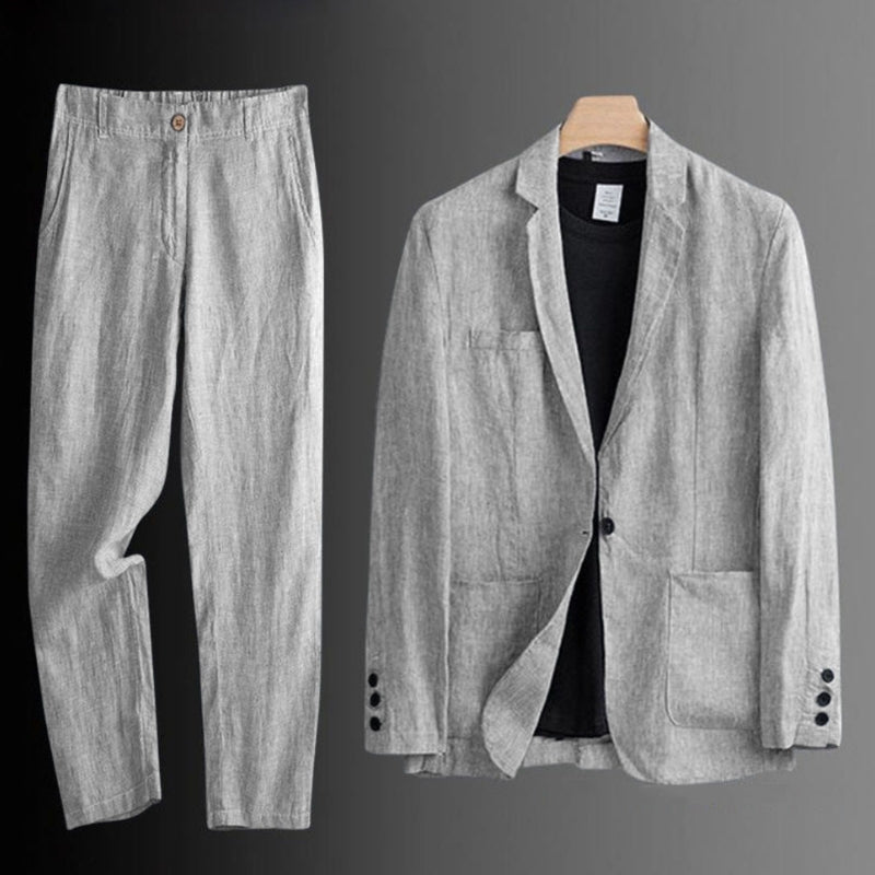 Two-piece men's apparel: a stylish linen blend suit with a tailored blazer and matching pants.