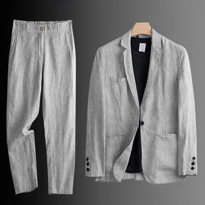 Two-piece men's apparel: a stylish linen blend suit with a tailored blazer and matching pants.