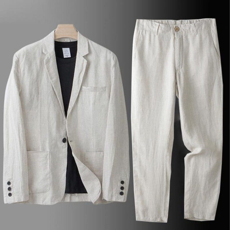 Elegant men's linen suit, suitable for summer weddings or business casual occasions.