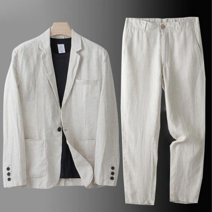 Elegant men's linen suit, suitable for summer weddings or business casual occasions.