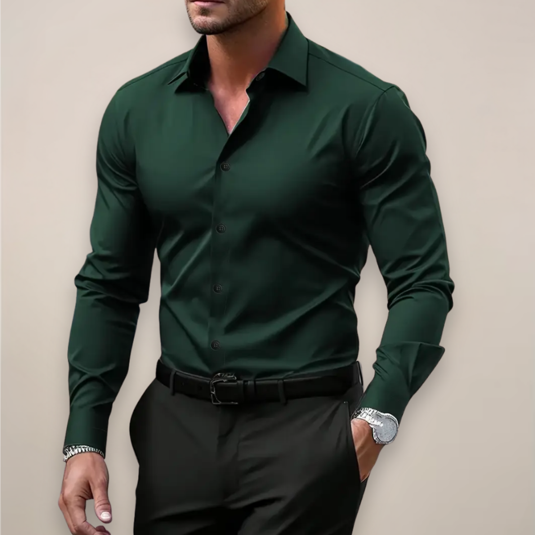 Versatile men's slim-fit long sleeve dress shirt, ideal for smart casual outfits or formal occasions.