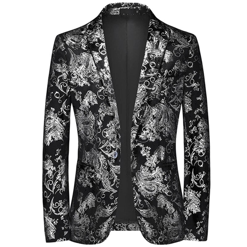 Men's slim-fit patterned blazer, ideal for modern formal events & smart casual style. Versatile suit jacket.