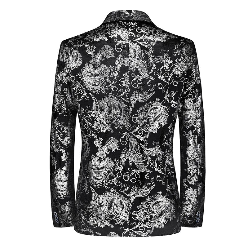 Close-up of elegant men's slim-fit blazer, showcasing unique pattern & quality fabric. Sophisticated suit jacket.