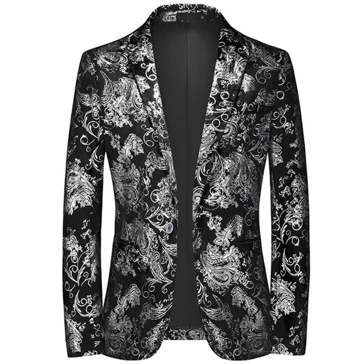 Tailored men's slim-fit patterned blazer, highlighting its modern cut & elegant silhouette. Versatile formalwear.