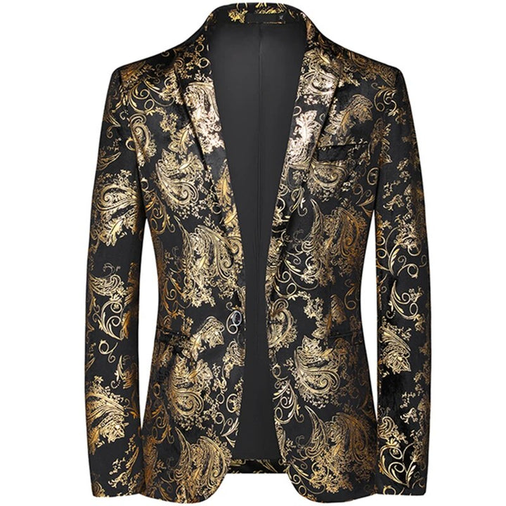 Sophisticated men's slim-fit patterned blazer paired with a shirt, ideal for a modern formal or smart casual outfit.