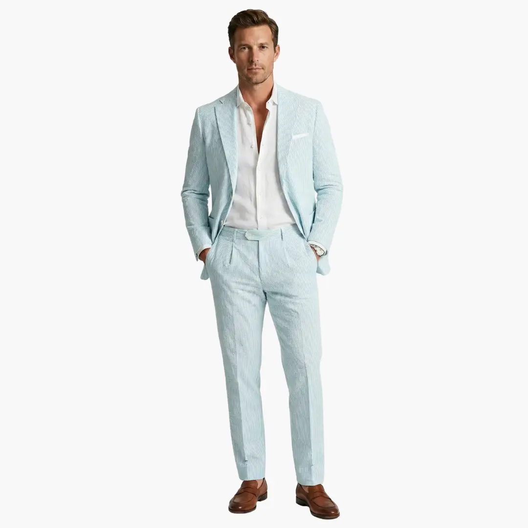 Men's slim fit pinstripe two-piece summer suit. Modern formal wear, smart casual & wedding attire.
