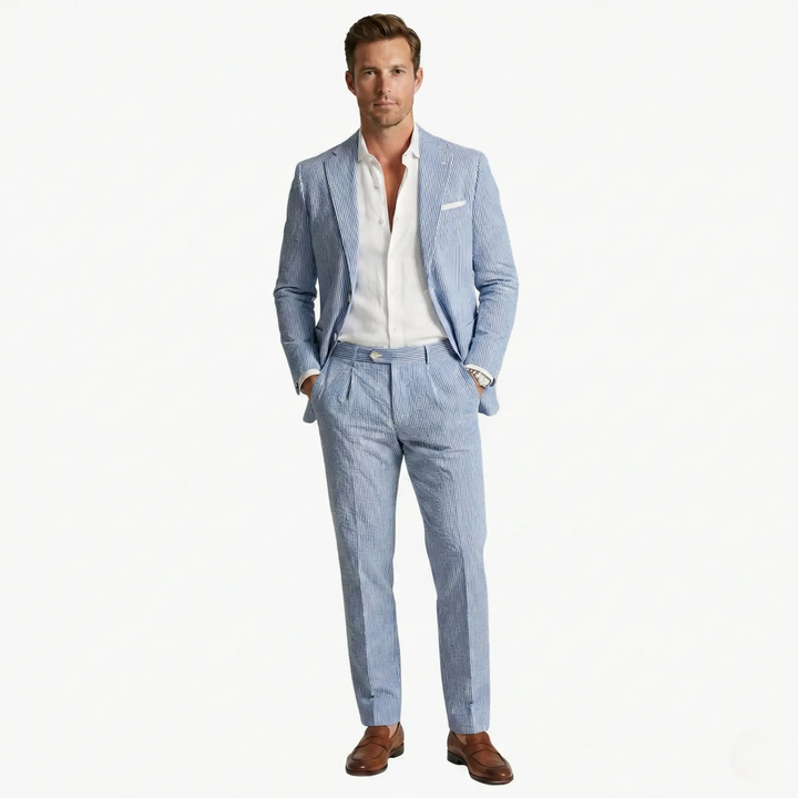 Men's slim fit pinstripe two-piece summer suit. Showcasing lightweight design for elegant formal or wedding wear.