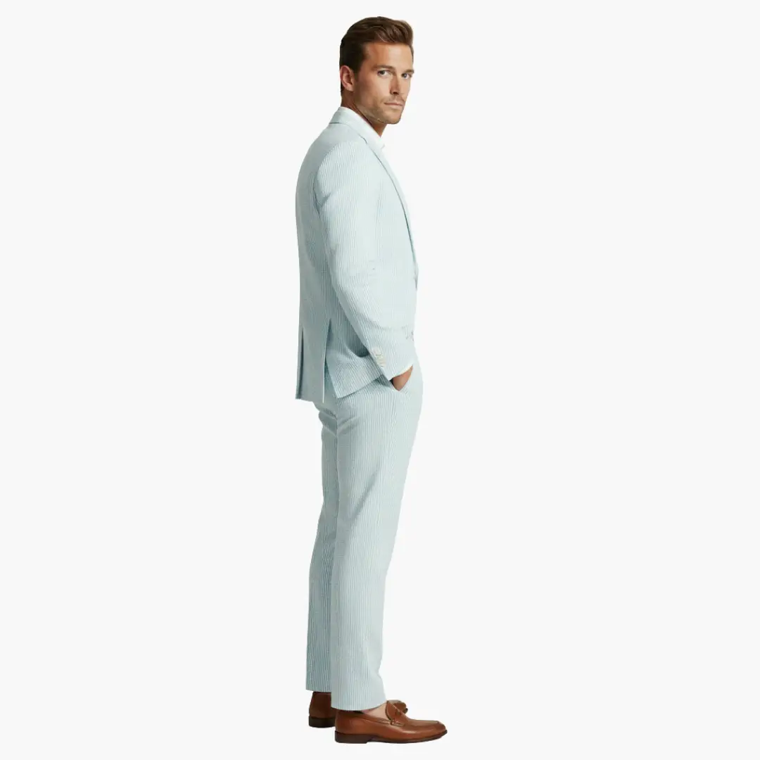 Lightweight men's slim fit pinstripe summer suit, two-piece. Ideal for warm weather business or wedding wear.