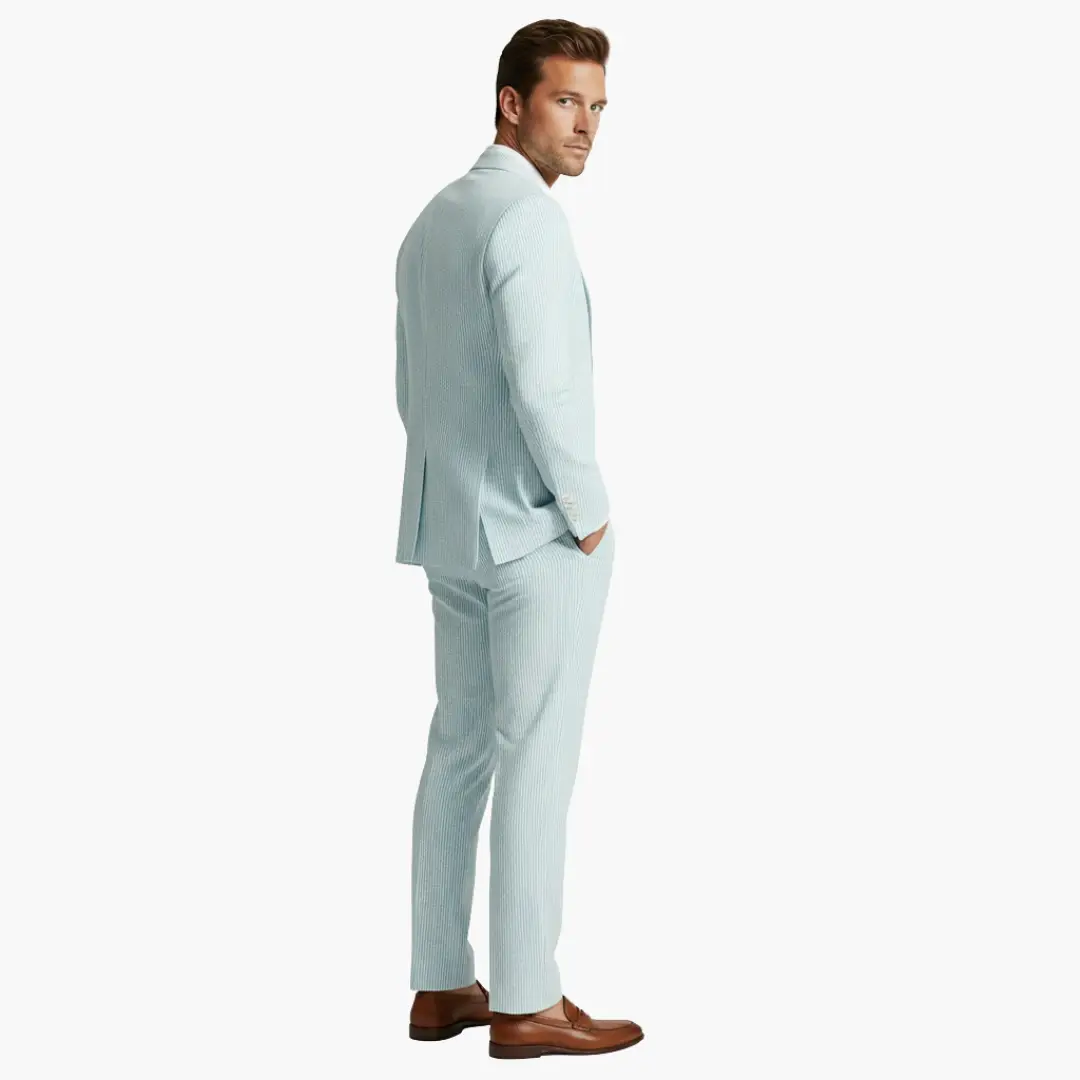Stylish men's slim fit pinstripe summer suit, a two-piece set. Perfect for weddings, business casual, formal.