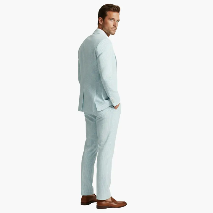 Stylish men's slim fit pinstripe summer suit, a two-piece set. Perfect for weddings, business casual, formal.