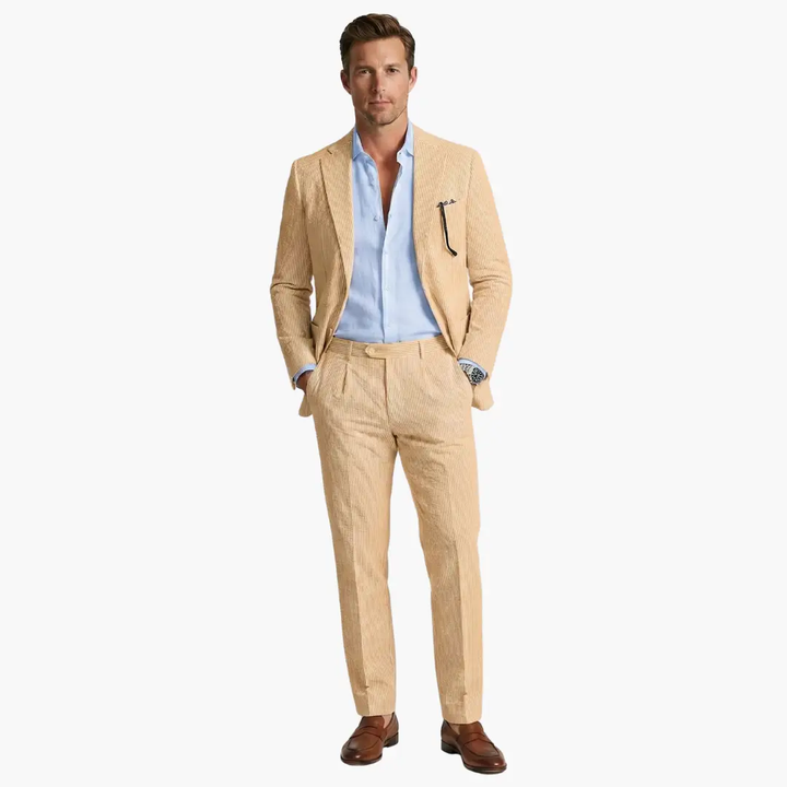 Ideal men's two-piece slim fit pinstripe summer suit. Lightweight & stylish for warm weather formal events.