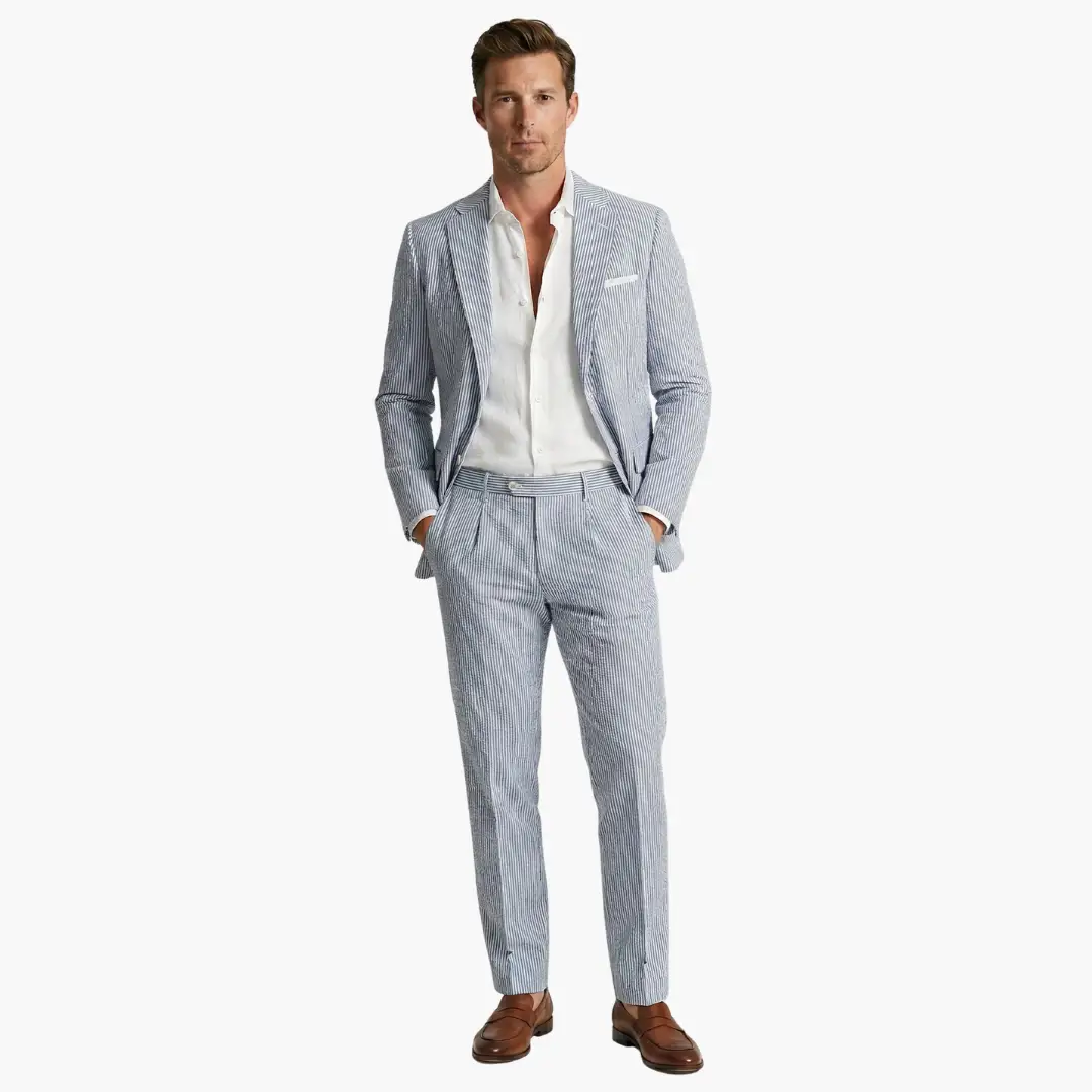 Versatile men's slim fit pinstripe two-piece summer suit. Great for business, weddings, or smart casual events.