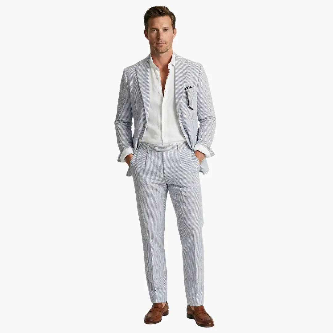 Full view of a men's slim fit pinstripe two-piece summer suit. Stylish & modern for formal wear or business.