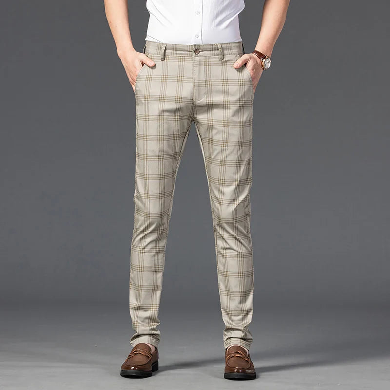 Men's fashionable plaid slim fit casual trousers, offering comfort and style for any occasion.