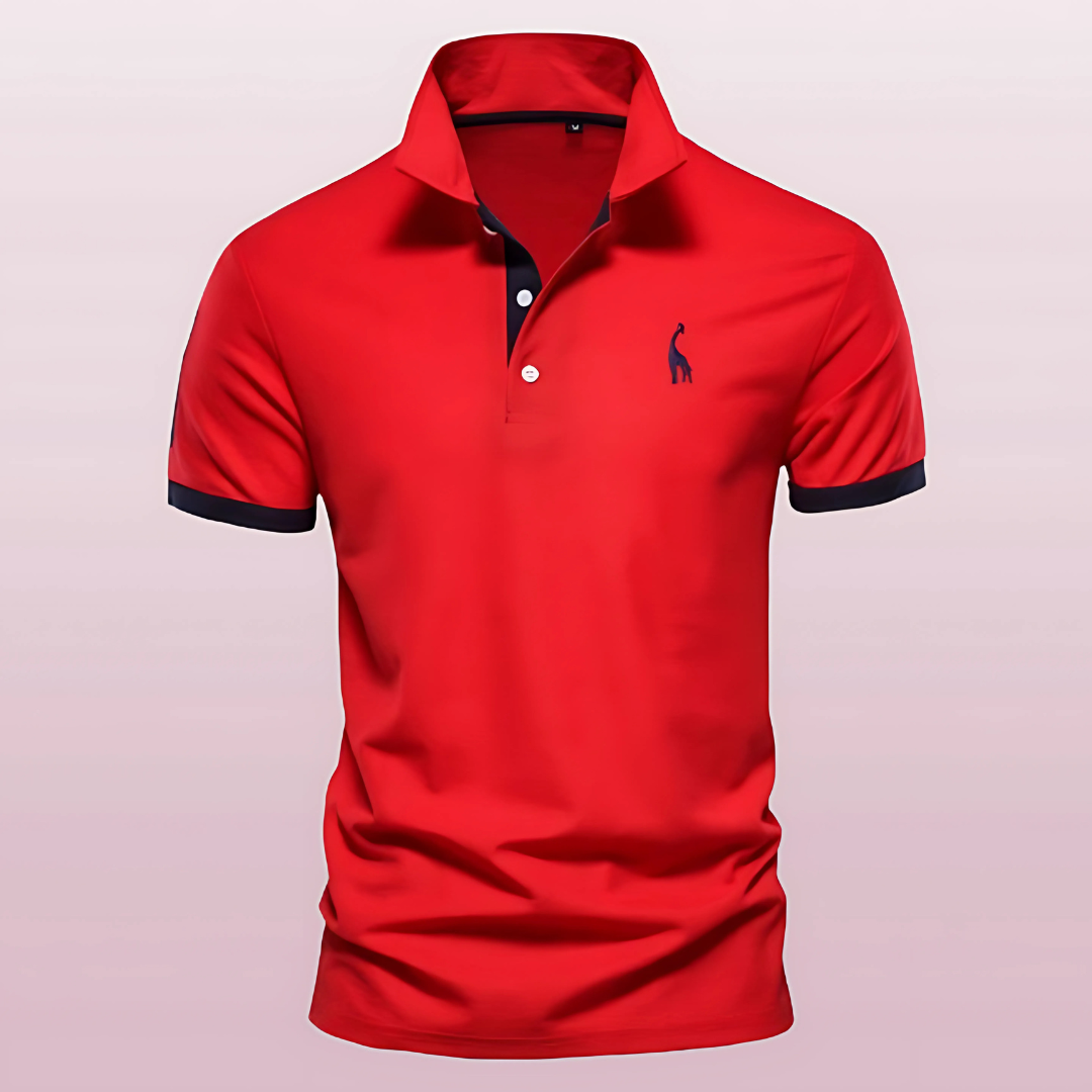 Man wearing a stylish slim fit polo shirt with contrast trim, ready for casual or golf activities.