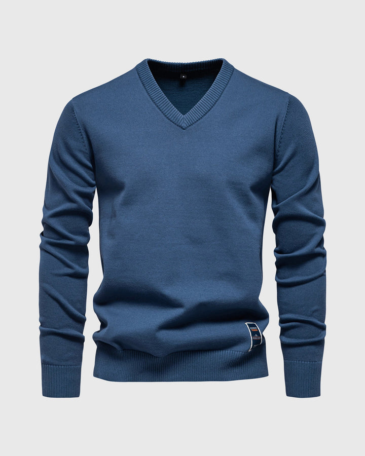 Men's slim fit ribbed V-neck pullover sweater in a soft cotton blend, front view
