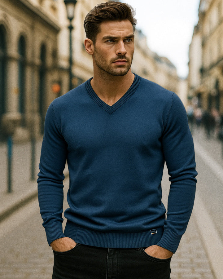 Men's fashion: a blue ribbed V-neck pullover sweater for a polished casual look