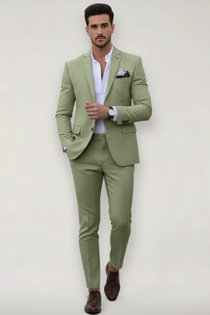 Stylish men's light green slim fit suit, ideal for spring fashion and events