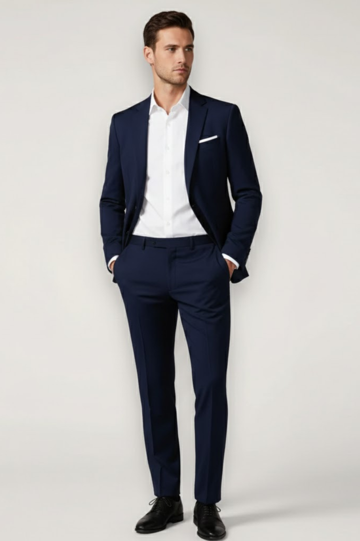 Men's slim fit suit set with stylish blazer & tailored trousers for formal occasions, weddings, business.