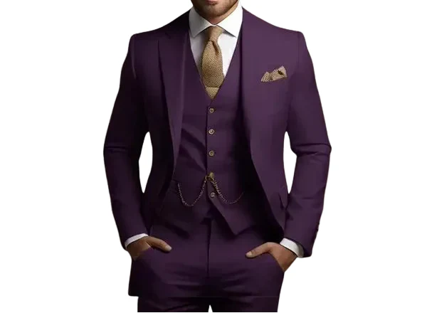 Sophisticated coffee men's slim fit three-piece suit, ideal for business attire, parties & formal gatherings.