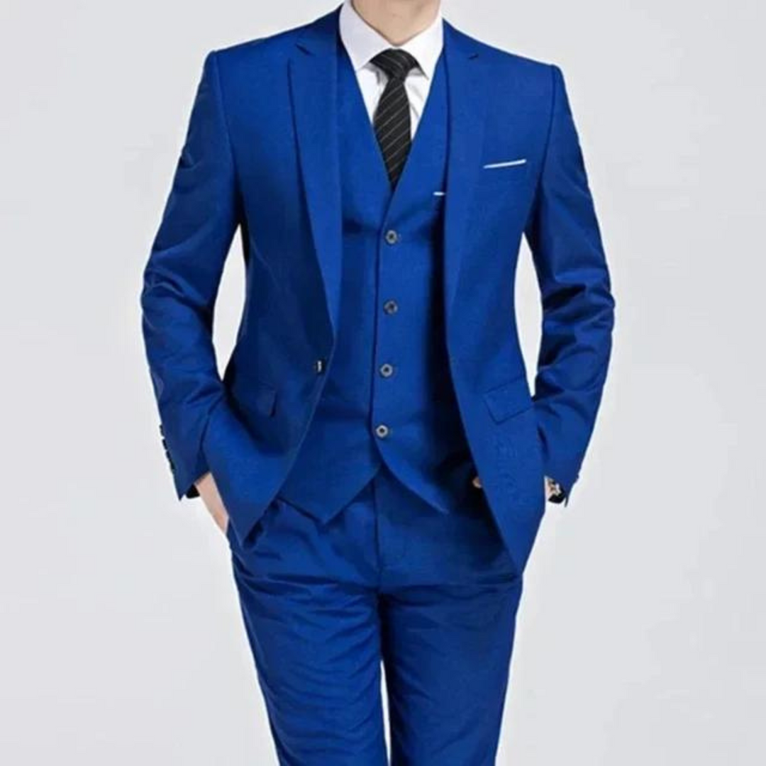 Navy blue tailored three-piece suit for men, ideal spring formal wear or wedding guest