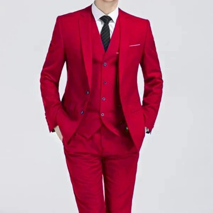 Modern men's three-piece suit with a crisp white shirt, appropriate for spring weddings