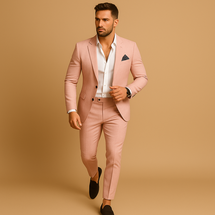 Tailored men's slim fit blazer and trousers set, a complete two-piece formal wear solution for any event.