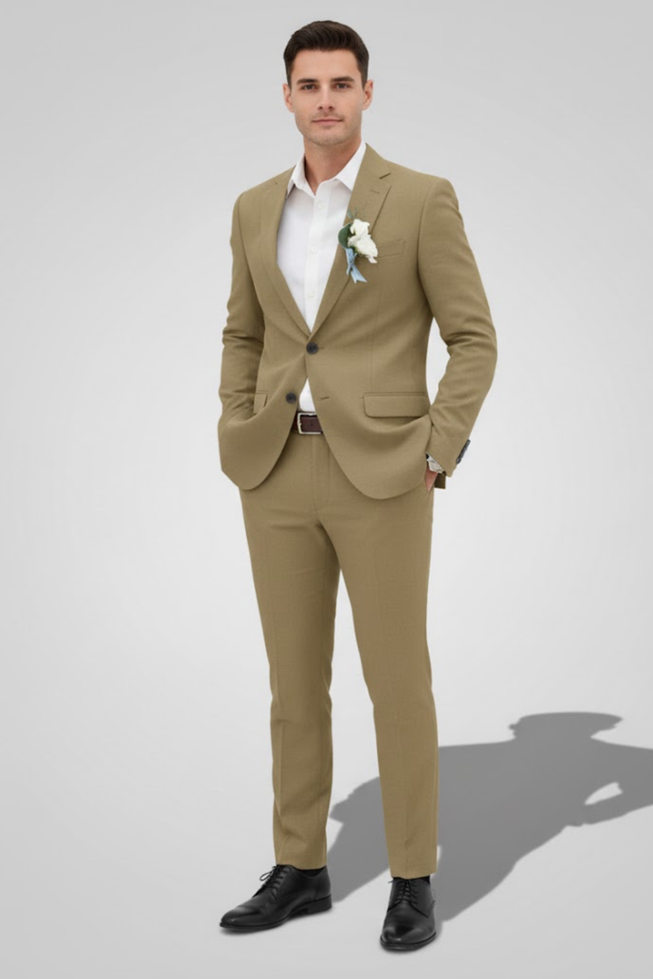 Light beige slim fit men's two-piece suit, ideal tailored summer wedding & formal event attire.