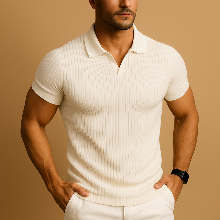 Men's slim fit V-neck polo shirt in modern textured design, perfect for smart casual & everyday wear.