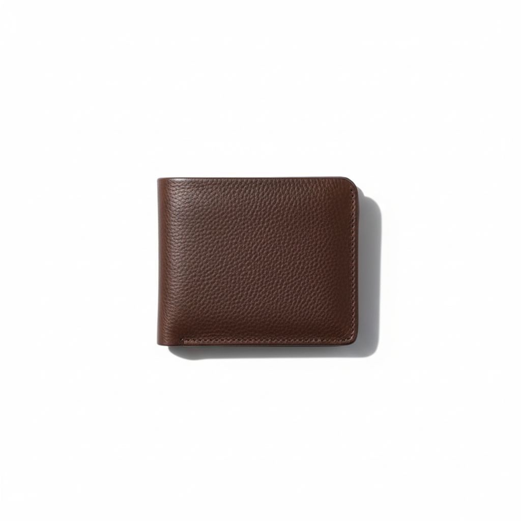 Men's accessories: full-grain leather wallet alongside keys and a watch.
