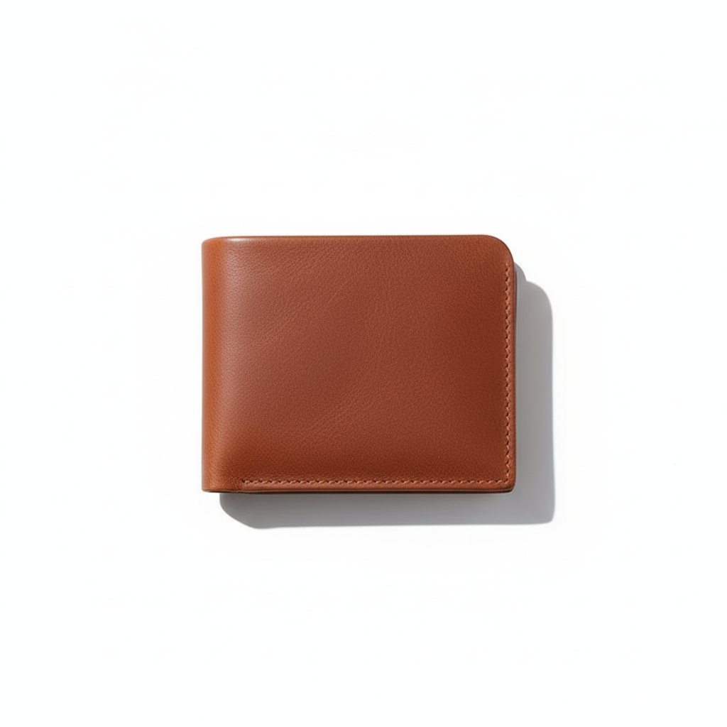 Men's slim full-grain leather wallet, an essential for everyday carry, against a neutral background.